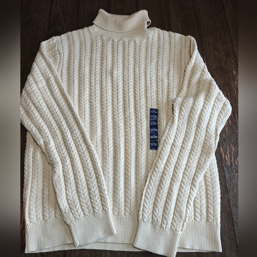 NEW Stafford Mens Cable Knit Turtleneck Sweater XXL Beige 100%Cotton NWT